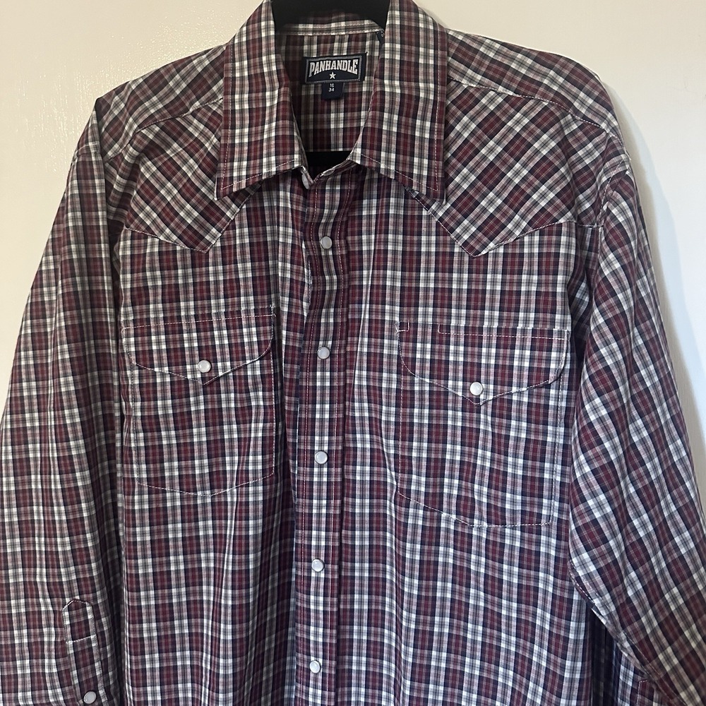 Panhandle western shirt mens Large‎ blue red plaid Pearl Snaps Rodeo 16/34